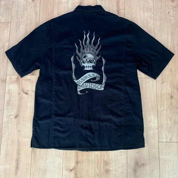 Harley Davidson Embroidered Flames Button Up Tee Shirt - Picture 1 of 7